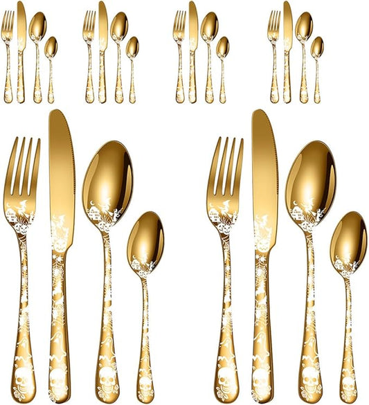 XIAOYU 24-Piece Halloween Themed Skull Silverware Set, Gothic Skull Pattern Design, Stainless Steel Flatware Set Serving for 6, Knives Forks Spoons Cutlery Daily Halloween Party Event, Gold