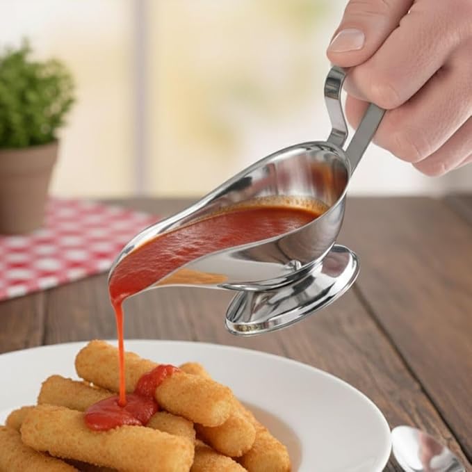 Soro Essentials- 3 oz. Stainless Steel Gravy Sauce Boat Gadroon Base with Loop Handle Set of 2- Restaurant Gravy Boat Dripless Lip Spout Serving Dish Gravy Bowl for Sauces Gravy Salad Dressings Milk