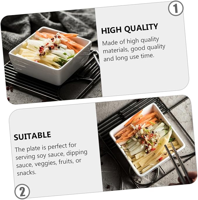 2pcs Square Ceramic Sauce Plates White Condiment Dishes Small Dipping Bowls for Sauces and Appetizers for Parties and Events