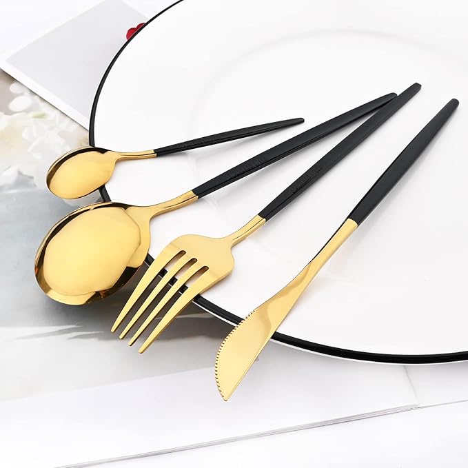 8-Piece Picnic Tableware Set, Mirror 18/0 Stainless Steel Couple Cutlery Set Include Knife, Fork, Spoon, Coffee Spoon, Metal Daily Basic & Classic Utensils For 2 People, Black Gold