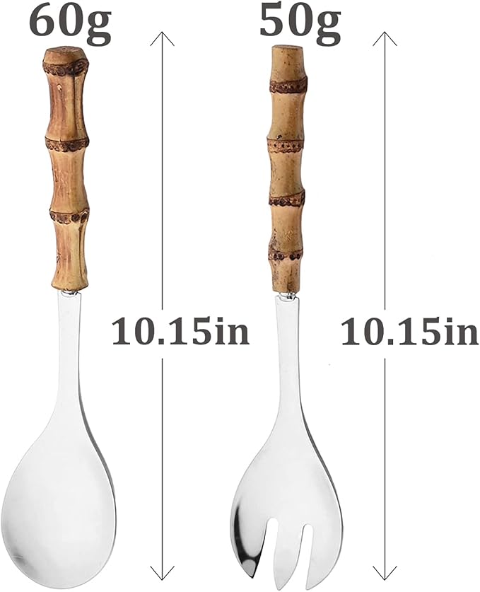 4 Piece Bamboo Handle Serving Set Utensils, 304 Stainless Steel Long Hanlde Serving Fork Spoon For Kitchen Buffet Banquet Wedding Party Cooking (4 Forks, Silver)