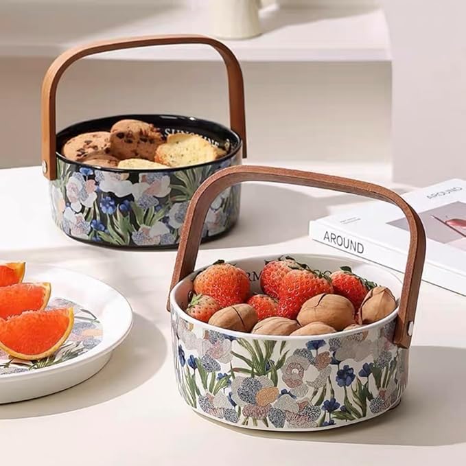 Fruit Bowl Dessert Plate Handmade Flower and Bird Pattern Round Ceramic Tableware Set (White - two pieces)