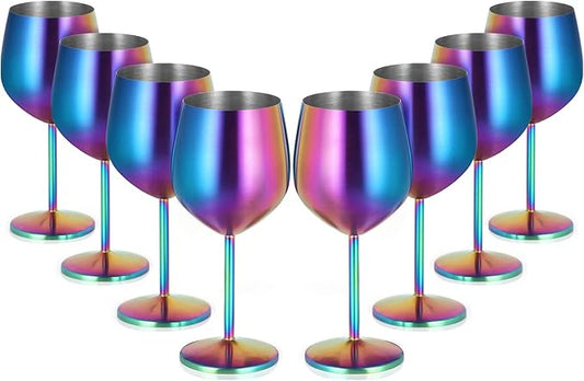 Lifecapido Stainless Steel Wine Glasses Set of 8, 18oz Colorful Stainless Steel Wine Goblets, Stemmed Metal Wine Glasses with Cup Brush for Party Office Wedding Anniversary, Great for Red White Wine