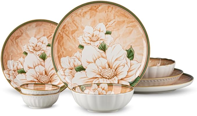Plates and Bowls Sets for 2, 8-Piece Dinnerware Set Ceramic, Dish Sets for 2 with Camellia Floral Pattern, Microwave & Dishwasher Safe for Everyday Use & Gift Giving