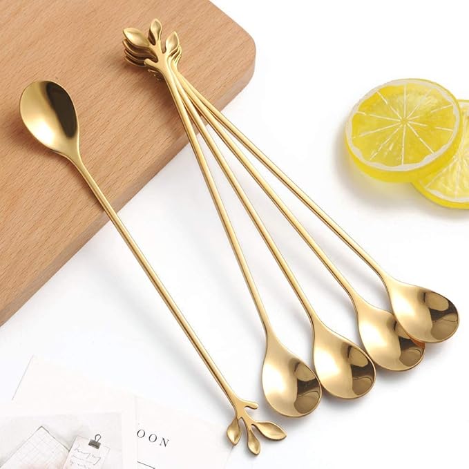 Long Handle Iced Tea Spoons Set of 12, Comicfs 7.6" Ice Cream Spoon, Creative Gold Leaf Cocktail Stirring Spoons, Premium Food Grade Stainless Steel, Mirror Finish & Dishwasher Safe (12 Pcs, Gold)