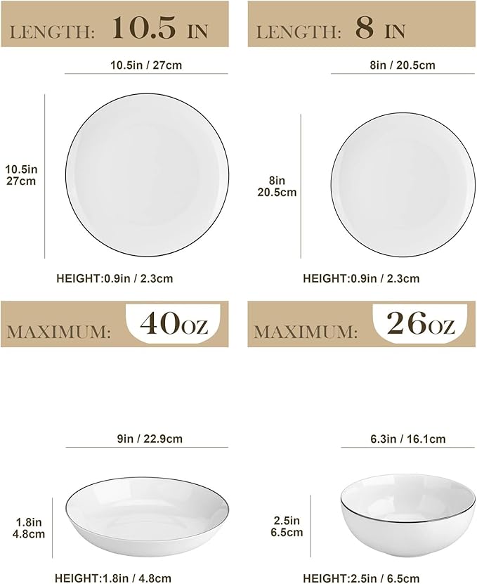 24-Piece Black-Rimmed Ceramic dinnerware Set, White Porcelain Plates, Including 4 Dinner Plates/Dessert Plates/Soup Plates/Bowls, Black Rimmed - 24-Piece Set,Black Rim-24 Piece