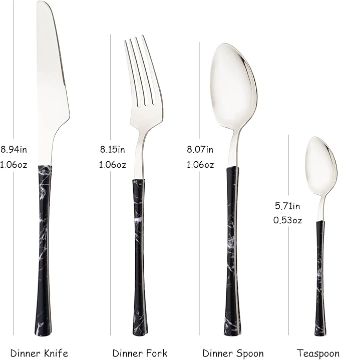 24PCS Silverware Set 18/0 Stainless Steel Flatware Set for 6 Includes 6 Dinner Knife/6 Dinner Fork/6 Dinner Spoon/6 Teaspoon Mirror Polished Cutlery for Home - Black Silver Eating Utensils