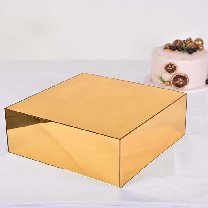 Efavormart 14"x14" | Gold Acrylic Cake Box Stand, Mirror Finish Display Box Pedestal Riser with Hollow Bottom