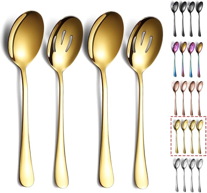 Gold Serving Spoons 4 Pieces, Kyraton Titanium Plating Serving Spoon, Include 2 Serving Spoon And 2 Slotted Spoons, Stainless Steel Serving Utensils, Serving Set Packing of 4