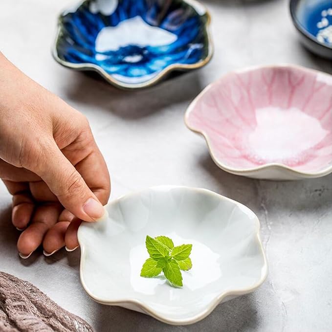 VICASKY 3pcs Ceramic Seasoning and Appetizer Plate Set with Lotus Leaf Shape, Assorted Blue Gradient, Rice and Vintage White Colors, Porcelain Sauce Dishes for Kitchen Dining Random Color