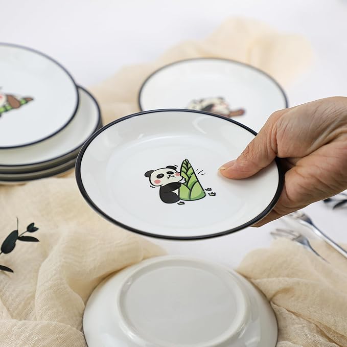 SOCOSY Super Cute Cartoon Panda Ceramic Sauce Dishes, Seasoning Dishes, Little Cat Dog Bird Feeding Bowls, Sushi Soy Dipping Bowls, Appetizer Plates, Dessert Plates-Panda-5 Inch, Set of 6