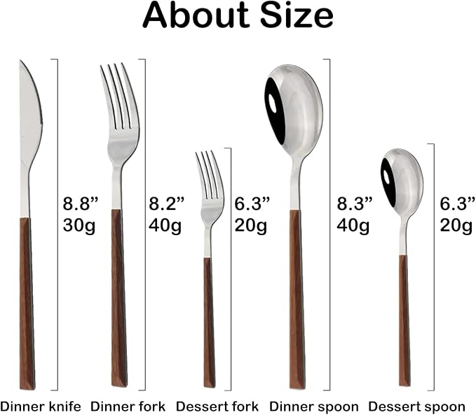 JASHII 30-Piece/6 Sets Wood Flatware Set, Premium Shiny Silver Stainless Steel Cutlery Set, Wooden Square Handle Flatware Dinner Knife Fork Spoon Set, Mirror Polished