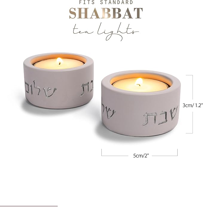 SURI Shabbat Candle Holders Set – Modern Judaica Shabbat Candlesticks for Tea Lights – Concrete Shabbos Candles Holders, Dripless Design – Jewish Gift & Home Decor
