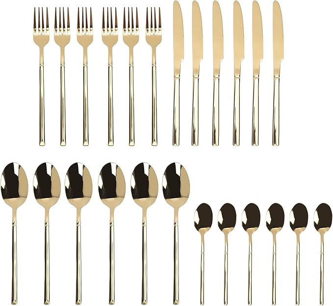 Zerodis Flatware Set, Serving Sets Design Cutlery Including Steak Knife Fork And Spoon Mirror Polished Flatware For Home, Kitchen, Restaurant, Dishwasher Safe, 24 (Gold)