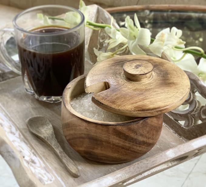 Decorative Rustic Wooden Sugar Bowl & Spoon With Lid Wide Mouth Candy Treat Jar Spice Jar Holder Condiment Nuts Serving Bowl Pot Salt Spice Herb Loose Leaf Tea Storage Container Novelty Home & Kitchen