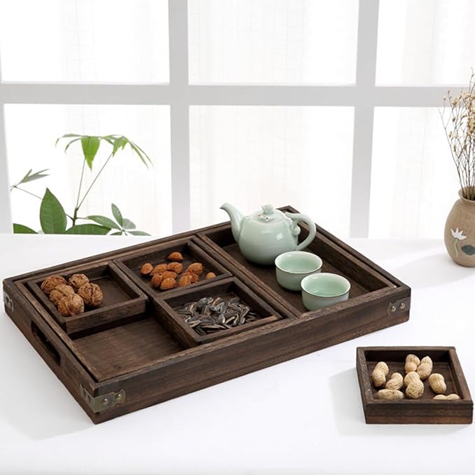 PRETYZOOM 1Pc Retro Solid Wood Tea Tray Rectangular Fruit Serving Tray for Desserts Drinks Natural Design Sturdy for Parties Home Decor Black Brown
