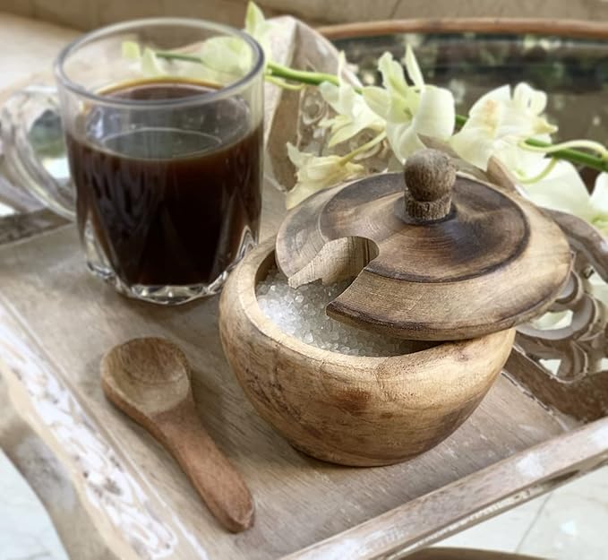 Decorative Rustic Wooden Sugar Bowl & Spoon With Lid Wide Mouth Candy Treat Jar Spice Jar Holder Condiment Nuts Serving Bowl Pot Salt Spice Herb Loose Leaf Tea Storage Container Novelty Home & Kitchen