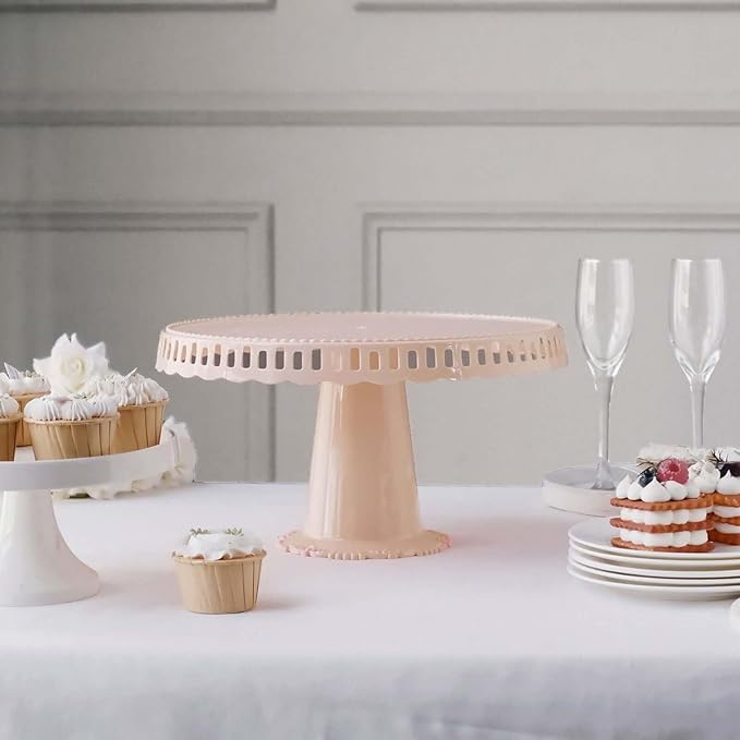 Efavormart 4 Pack | 13" Blush/Rose Gold Round Pedestal Footed Reusable Plastic Cupcake Stands with Interchangeable Ribbon Trim Edge