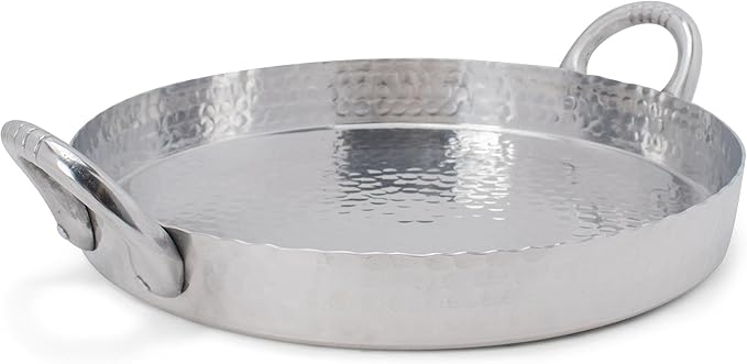 India Handicrafts Hammered Round Scalloped Silver Tone 17 inch Metal Tray Platter