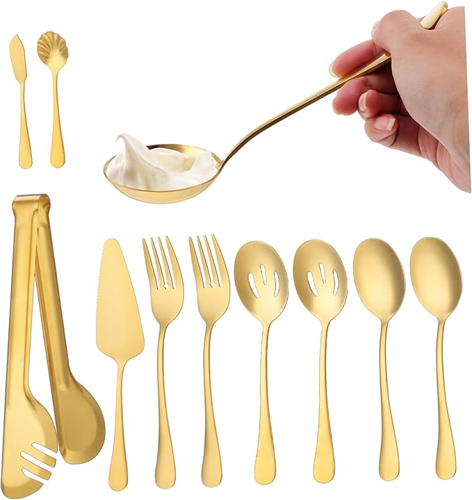 Zerodeko 11-pc Stainless Steel Cutlery Set Serving Utensils Spoons Tongs Forks for Buffet Catering Parties Silverware Set