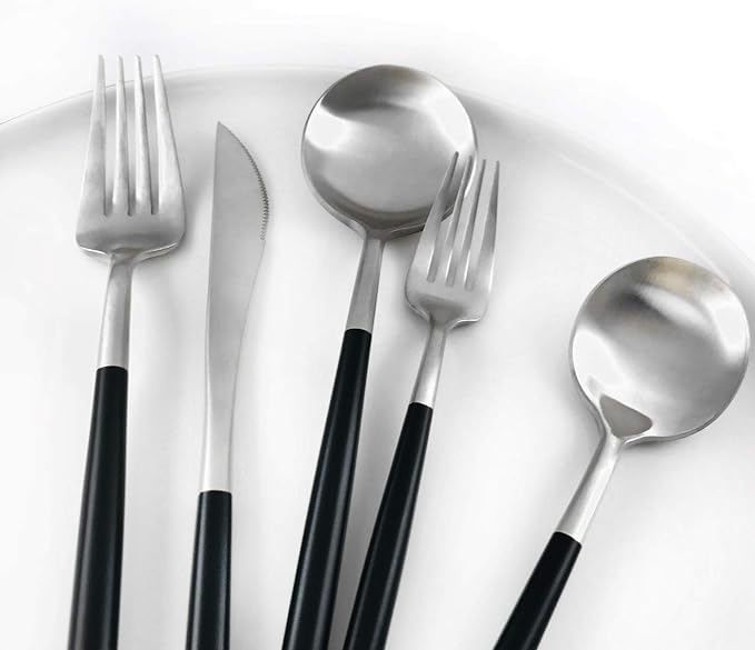 Gugrida Black Silver Flatware, Royal 5 Piece Matte Black Handle 18/10 Stainless Steel Tableware Sets for 1 Including Forks Spoons Knives, Camping Silverware Travel Utensils Set Cutlery Black/Silver