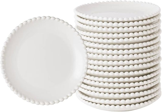 TAMAYKIM 5.5 Inch Porcelain Dessert Plates Set of 18, Small Ceramic Appetizer Plates, Round Mini Dinnerware Sets, Scratch Resistant, Microwave, Oven, and Dishwasher Safe, White with Pearl Dots