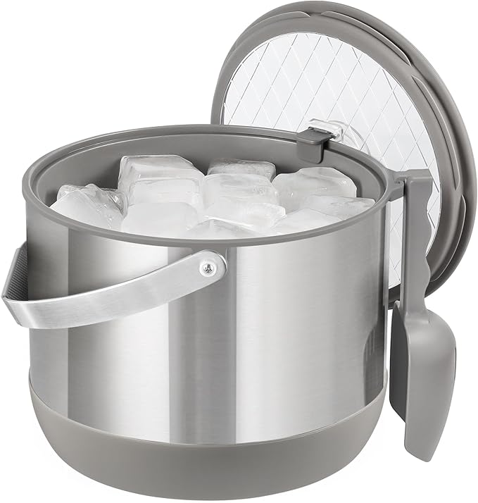 5QT/4.8L Insulated Ice Bucket for Parties, Large Capacity Double-Wall Beverage Bucket with Scoop & Lid for Champagne, Wine, Cocktail (Gray)