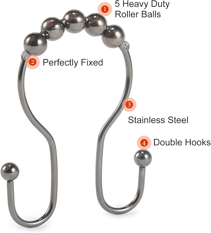 Goowin Shower Curtain Hooks, 12 Pcs Shower Curtain Rings, Stainless Steel Bronze Shower Curtain Hooks Rings Rust Proof, Balance Sliding Anti-Drop Double Shower Hooks for Shower Curtain Rod (Bronze)