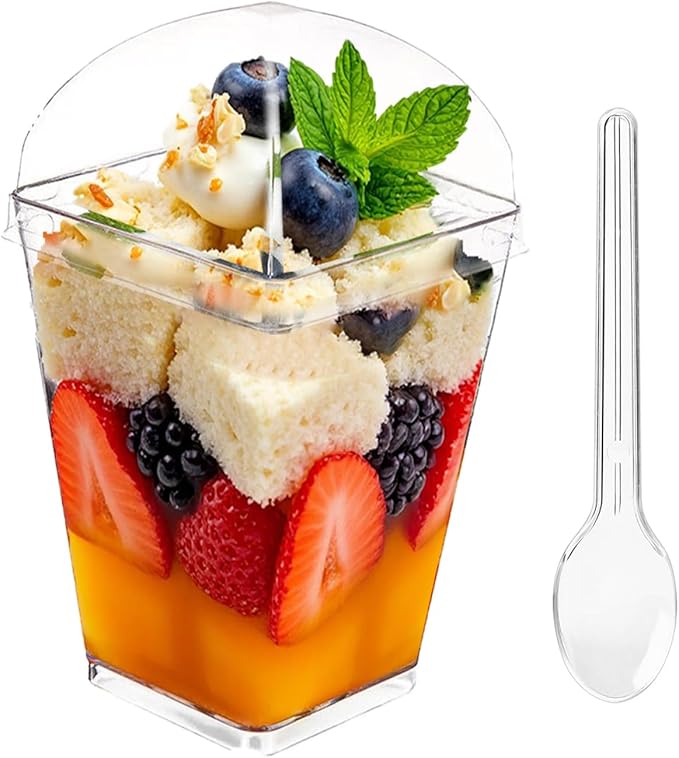 100Pack 5oz Dessert Cups with Lids and Spoons,Plastic Parfait Appetizer Cup,Disposable Plastic Cups, Great for Desserts, Appetizers, Puddings, Mousse