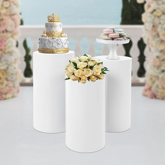 Flower Cylindrical Display Stands 3Pcs Cylinder Cake Pedestal Stands White Round Table Display Rack for Wedding Birthday Party