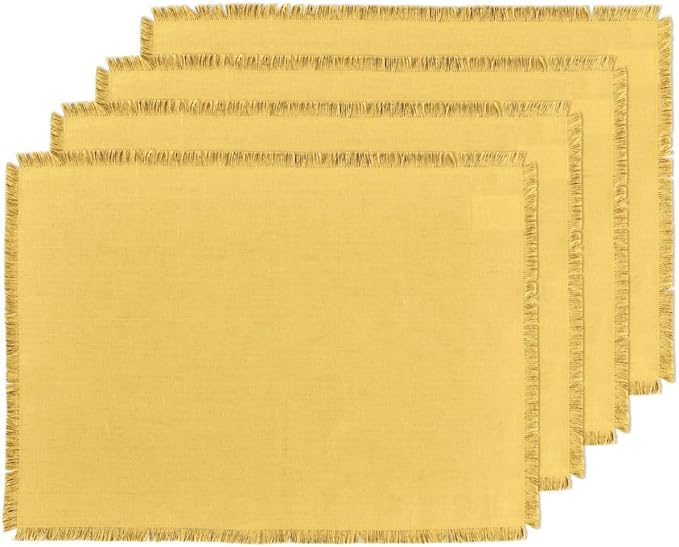 Solino Home Fringe Linen Placemats Set of 4 - Marigold Yellow Placemats 14 x 19 Inch - 100% Pure Linen Table Mats