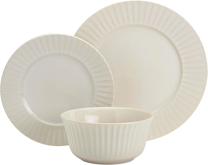 Tabletops Gallery Richmond 12-Piece Reactive Glaze Stoneware Dinnerware Set of Kitchen Dishes, Dinner Plates, Cereal Bowls, Service for 4, White