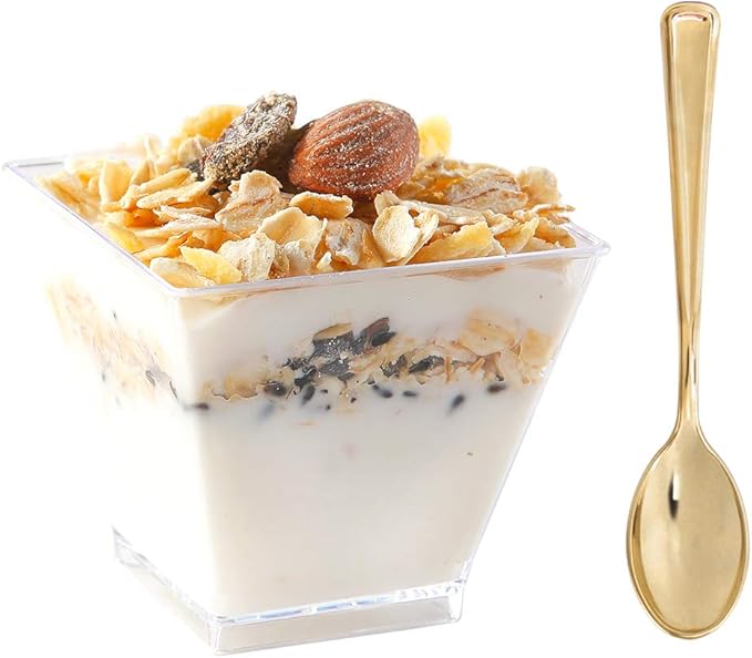 supernal 2oz Square Plastic Mini Dessert Cups with Gold Spoons,Parfait Appetizer Cup,100pcs Cups,100pcs Gold Spoons,Perfect for Birthday,Party,Wedding