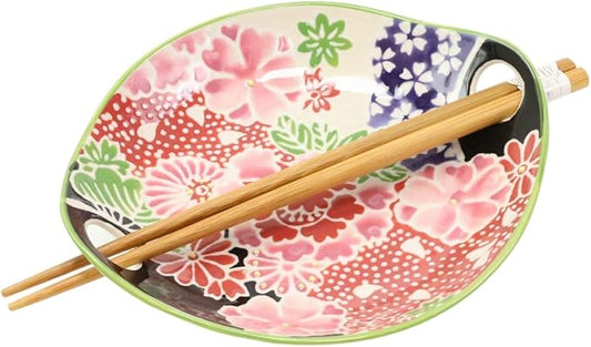 Ebros Pink Sakura Cherry Floral Blossoms Appetizer Snack Serving Coupe Plate Dish With Chopsticks And Built In Rest Set 7"L Small Flat Bowl For Hors D'oeuvres Sushi Ice Cream Serveware Plates (2)