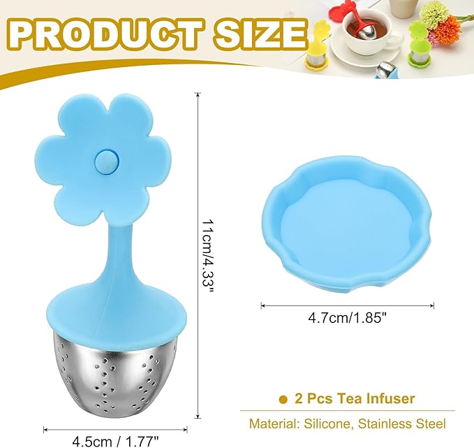 uxcell 2 Pcs Flower Tea Infuser, Stainless Steel Loose Leaf Tea Steeper Filter with Silicone Handle Reusable Coarse Pores Mesh Strainer Diffuser for Teacups Teapots Mugs, Blue