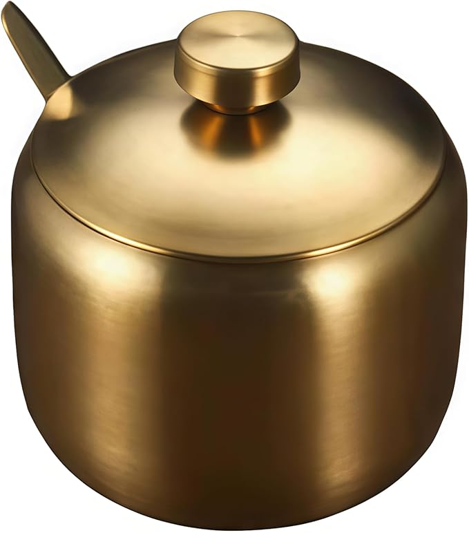 15oz Stainless Steel Sugar Bowl Includes lid and spoon. Elegant modern sugar jar with gold finish, durable sugar container for coffee bar accessories and decor. Perfect for home and kitchen storage.