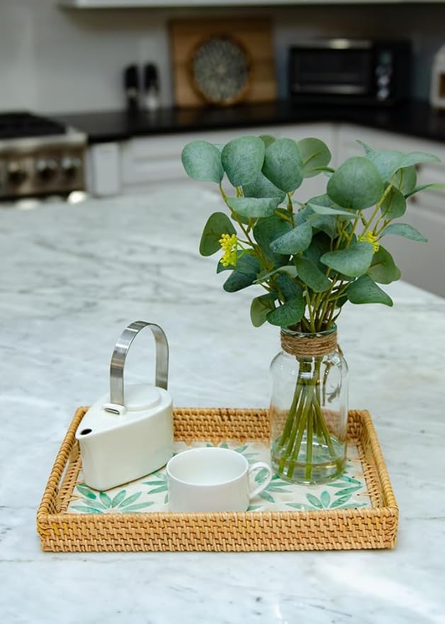 Magenta & Teal Decorative Rectangle Rattan Serving Tray 13x9 inch Mother of Pearl Inlay, Wicker Coffee Table Decor, Farmhouse (Green Flower)