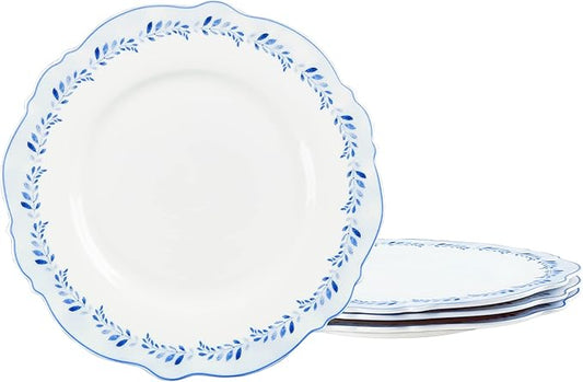 fanquare 8 Inch Porcelain Plates Set of 4, Blue Grass Ring Dessert Plates for Pasta, Pancakes, Steak, Microwave Safe Flat Farmhouse Style Decorative Plate