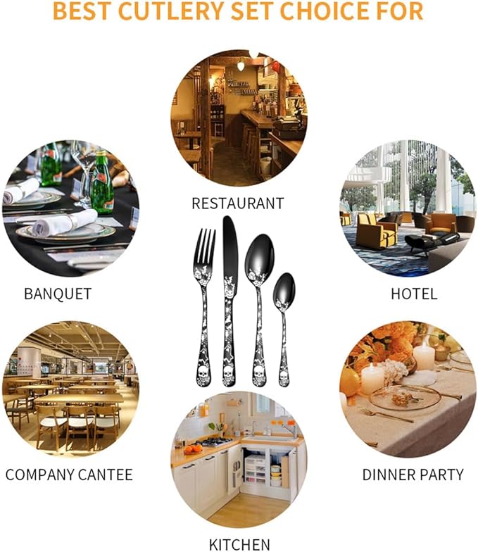 XIAOYU 24-Piece Halloween Themed Skull Silverware Set, Gothic Skull Pattern Design, Stainless Steel Flatware Set Serving for 6, Knives Forks Spoons Cutlery Daily Halloween Party Event, Blue