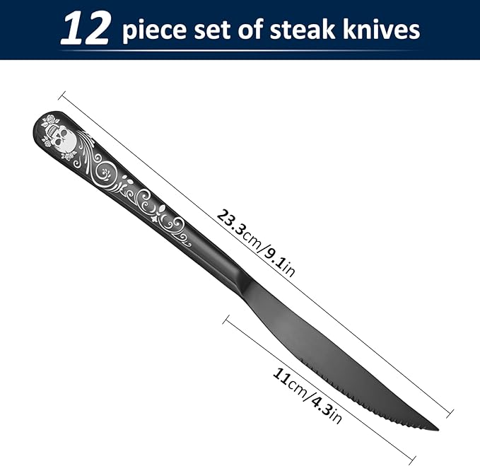 Skull Ultra Sharp 2-IN-1 Serrated Knives, Chef Knife Set Serrated Knives of 12 - Professional Design Collection - 18/0 Stainless Sharp Dinner Knives Unique Skull Pattern Design