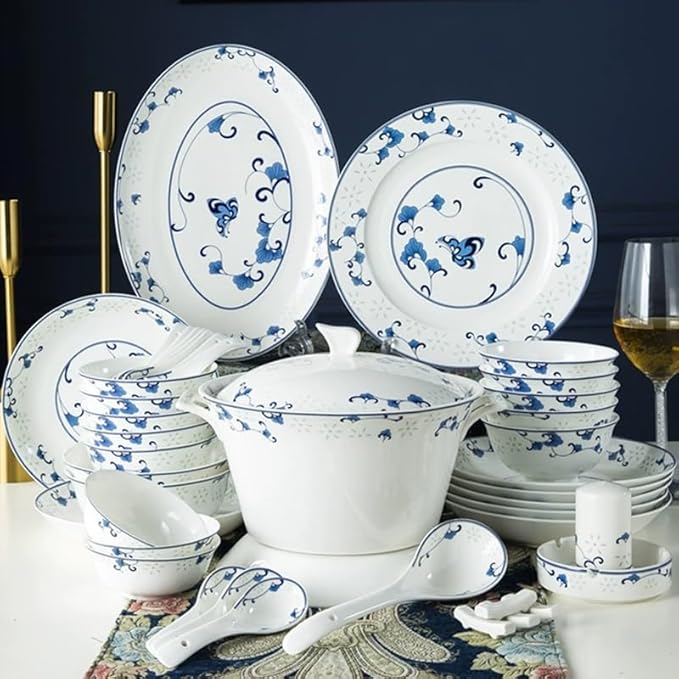 56pcs Blue and White Porcelain Glazed Ceramic Dinnerware Sets Chinese Style Plates Bowls Tableware Set for Home Use and Housewarming Gifts