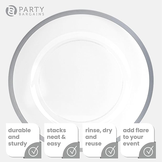 PARTY BARGAINS 13-Inch Charger Plates - 48 Pack, Clear Silver Rim, Heavy-Duty Disposable Chargers for Elegant Dining - Ideal for Weddings and Formal Events