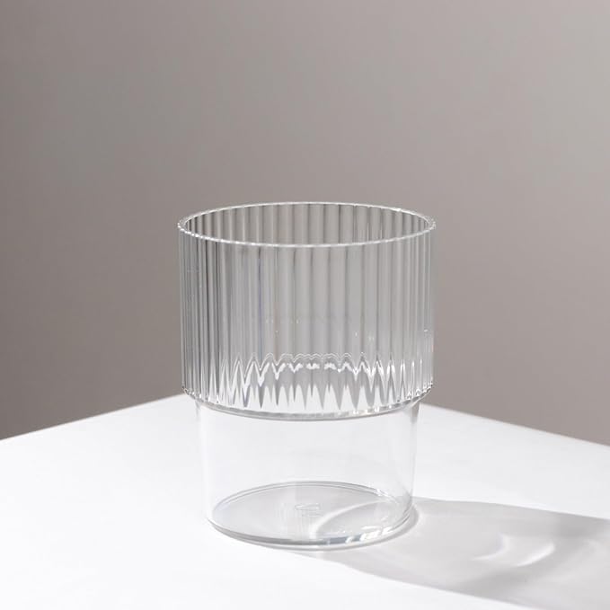 TCF Linen 12 Pack Clear Plastic Tumblers, 7oz Stackable Ribbed Reusable Shatterproof Short Drinking Glasses, Elegant Origami Design for Weddings Parties Catering Cocktails