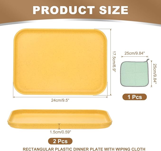 PATIKIL 9.5x6.9 Plastic Tray, 2 Pack Rectangular Plates Small Food Tray Wheat Plates Dishes Reusable Dessert Plate Trays with Cloth for Cake Fruits Salad Cupcake Steak Serving Yellow