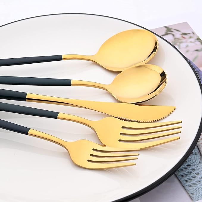 30-Piece Snplowum Mirror Flatware Serving Set, 18/0 Stainless Steel Dinnerware With Green Handle, Modern Durable Home Kitchen Eating Tableware Set Service For 6 (Green Gold)
