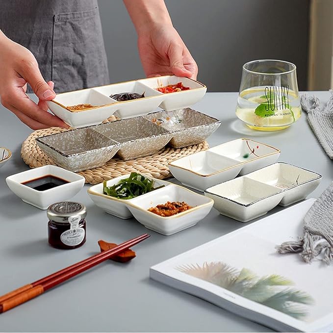 Ceramic cutlery salad bowl Soy Sauce Dish Ceramic Appetizer Plates Serving Tray Rectangular Divided Sauce Dishes for Sushi Ketchup Dessert Appetizer Seasoning Dishes(2 Compartment) smal