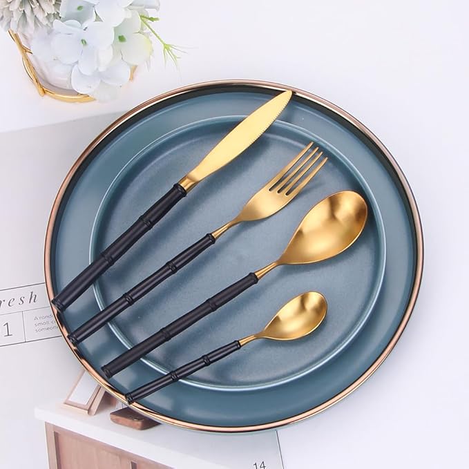 Stainless Steel Flatware serving set,Home Kitchen Eating Tableware Set,Dishwasher Safe,For Home Kitchen Restaurant Hote 4/16/24 Piece Creative 304 Stainless Steel Knife And Fork Black Gold Bamboo West