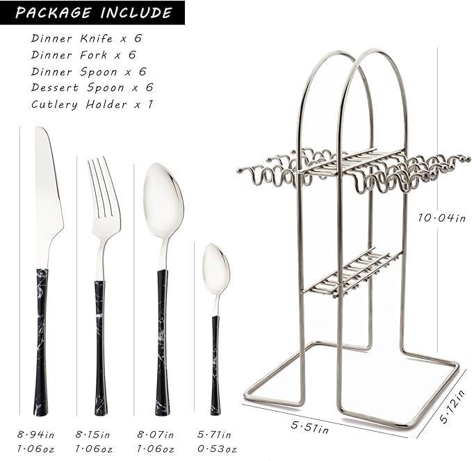 Stainless Steel Silverware Set with Holder - 25 PCS Silver Flatware Cutlery Set - Black Marble Texture Handle Design - Hanging Metal Eating Utensils Set Service for 6 - Party Tableware Set