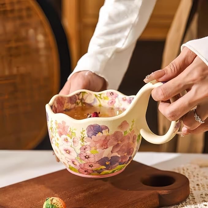 16.91oz/500ml Handpainted Soup Bowl with Handle,Ceramic Cereal Bowl Microwave & Dishwasher Safe,Loop Handle Bowl Great for Soup,Yogurt,Snack,Chip,Stew,Ice Cream,Coffee (Hollyhock-Yellow)