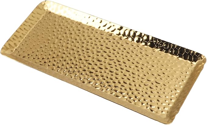 Metallic Towel Serving Tray Hammered Stainless Steel Dishwasher Safe Plate for Home Restaurant 25x11cm (Gold)